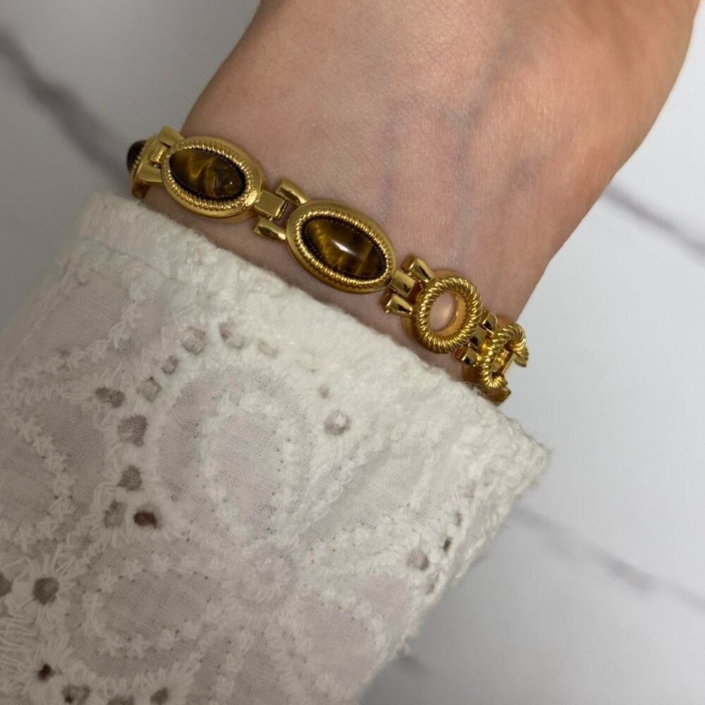 SKU:0478 Retro gold oval watch bracelet brown natural stones Stainless steel - Picture 4 of 5
